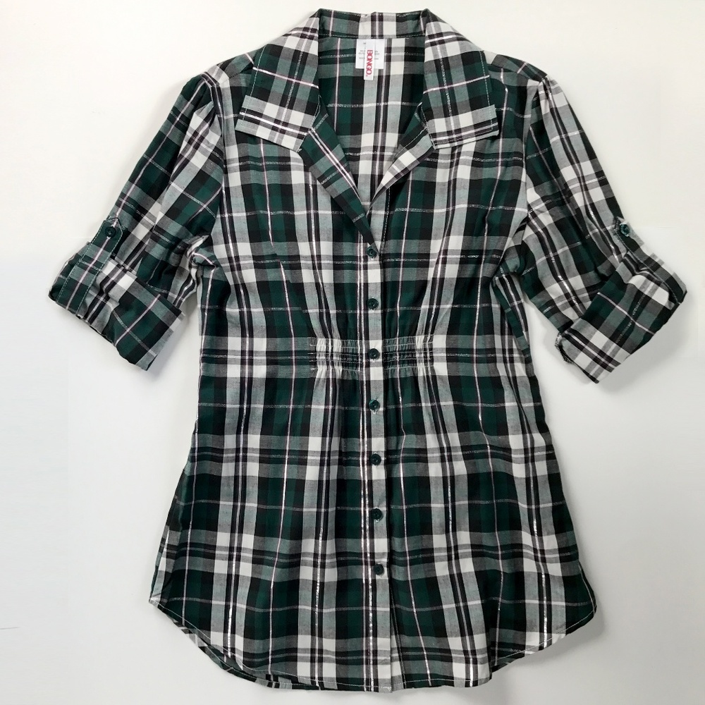 Bongo Button Down Green Plaid Top